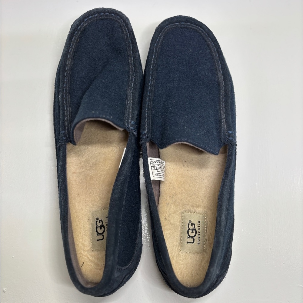 UGG Men’s Suede Loafer Slippers Navy Blue Shearling Lined Size 12 - Picture 14 of 15